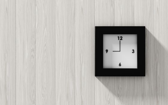 Black clock hanging on the wood wall , abstract background