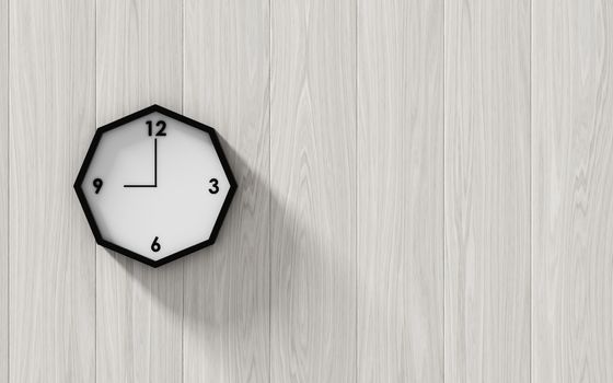 Black clock hanging on the wood wall , abstract background