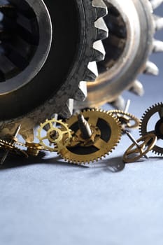 Engineering concept. Set of various gears on gray background