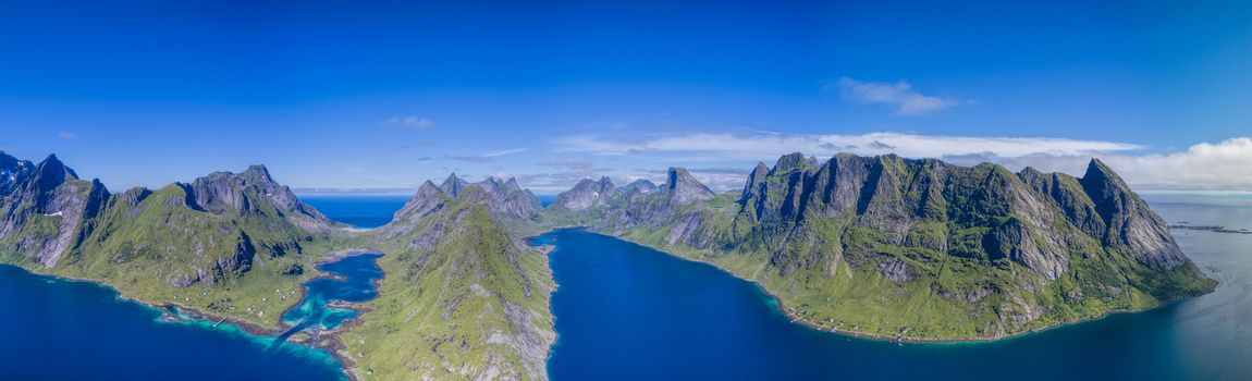 Breathtaking panorama of beautiful fjords surrounded by peaks on Lofoten islands in Norway