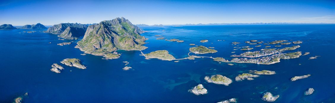 Aerial panorama of Henningsvaer, scenic fishing village on Lofoten islands in Norway