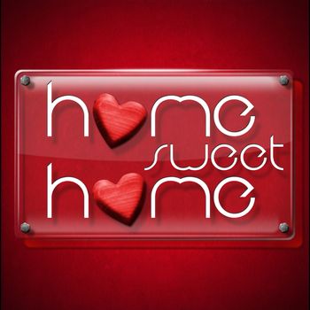 Glass or plexiglass frame with the text Home sweet home on a red velvet background with two red wooden hearts
