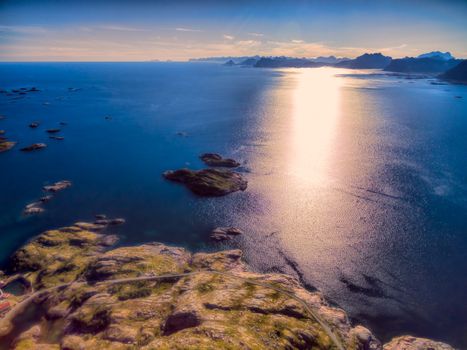 Scenic aerial view of sunset on Lofoten islands in Norway