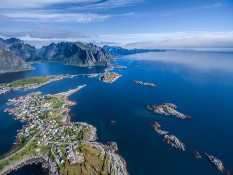 Scenic aerial view of Reine, picturesque fishing village on Lofoten islands in Norway