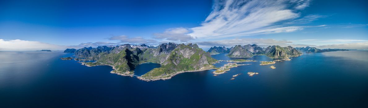 Breathtaking panorama of Lofoten islands in arctic Norway with scenic mountain peaks and fjords