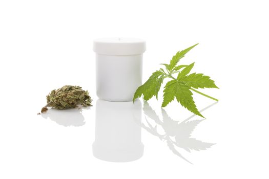 Medical marijuana. Cannabis bud and hemp leaf and white container isolated on white background with reflection