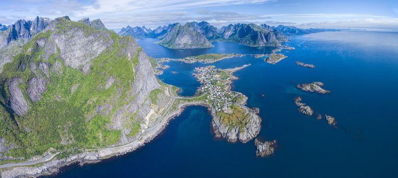 Aerial panorama of Lofoten around fishing port Reine, Norway