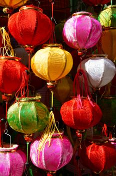 Group of colorful lantern at lantern street, Ho Chi Minh city, Vietnam, a marketplace on mid-autumn festival, lanterns is traditional toy when autumn coming