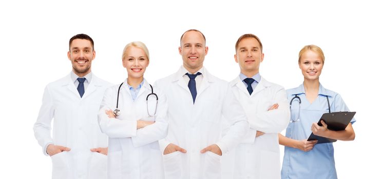 healthcare, people and medicine concept - group of doctors with stethoscopes and clipboard
