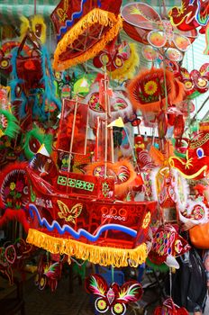 Group of colorful lantern at lantern street, Ho Chi Minh city, Vietnam, a marketplace on mid-autumn festival, lanterns is traditional toy when autumn coming