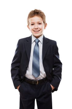 Handsome smiling child boy in business suit white isolated
