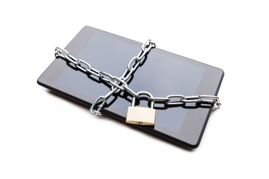 Personal data security and protection concept - metal chain link with locked padlock on smartphone or digital tablet computer white isolated