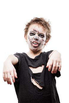 Halloween or horror concept - screaming walking dead zombie child boy reaching hand white isolated