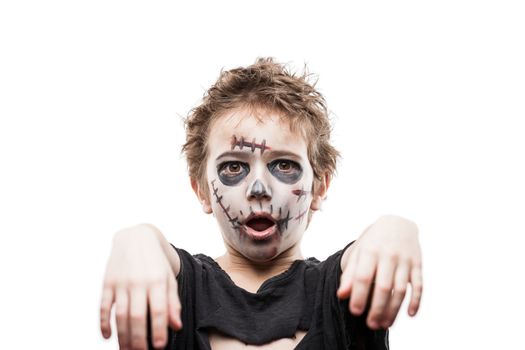 Halloween or horror concept - screaming walking dead zombie child boy reaching hand white isolated