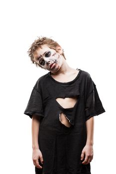 Halloween or horror concept - screaming walking dead zombie child boy reaching hand white isolated