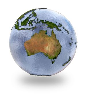 Highly detailed planet Earth with embossed continents and visible country borders featuring Australia. Isolated on white background. Elements of this image furnished by NASA.