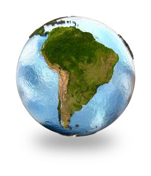 Highly detailed planet Earth with embossed continents and visible country borders featuring South America. Isolated on white background. Elements of this image furnished by NASA.