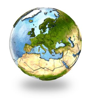 Highly detailed planet Earth with embossed continents and visible country borders featuring Europe. Isolated on white background. Elements of this image furnished by NASA.