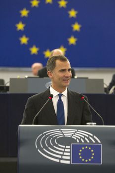 FRANCE, Strasbourg: King Felipe VI of Spain delivers a speech during a plenary session of the European Parliament on October 7, 2015 in Strasbourg, eastern France.