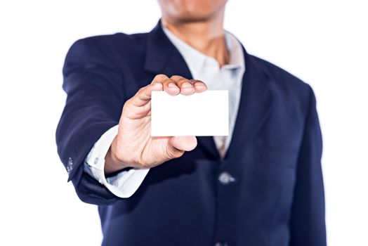 Man's hand showing business card - closeup shot on background