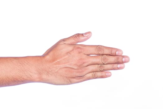 male hands about to shake hands, over white background