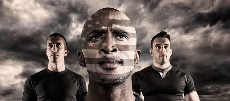 USA rugby player against blue sky with white clouds