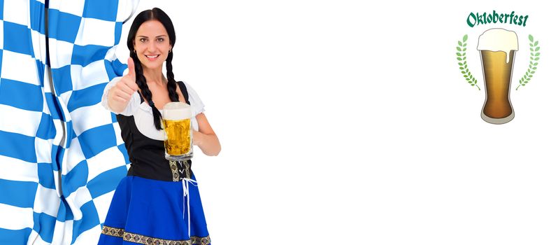 Pretty oktoberfest girl holding beer tankard against oktoberfest graphics