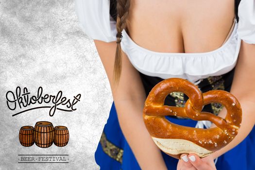 Oktoberfest girl bending and showing pretzel against oktoberfest graphics