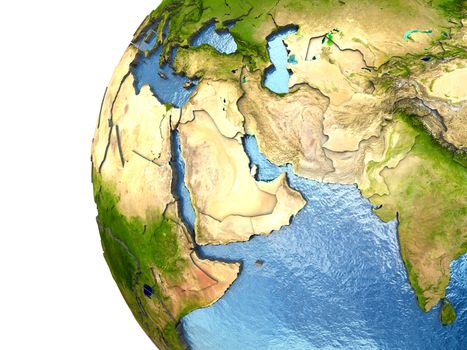 Middle East on highly detailed planet Earth with embossed continents and country borders. Elements of this image furnished by NASA.