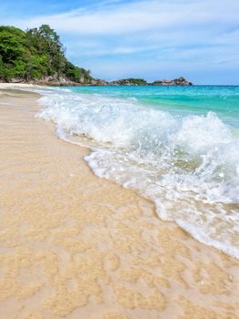 Beautiful landscape blue sea white sand and waves on the beach during summer at Koh Miang island in Mu Ko Similan National Park, Phang Nga province, Thailand