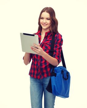 education, technology and people concept - smiling female student with tablet pc and bag