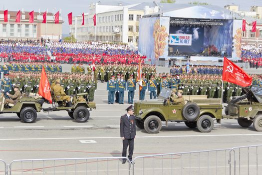 Samara, Russia - May 9: Russian military transport at the parade on annual Victory Day, May, 9, 2015 in Samara, Russia.