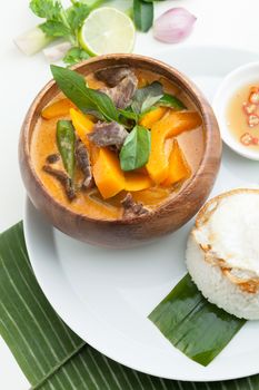Thai pumpkin red curry with beef and basil.