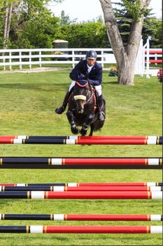 CALGARY CANADA - JUN 7 2015   Unidentified rider in action during the prestige s Spruce Meadows International hors jumping competition,  riders comes all over the world to compete.