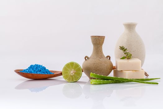 Spa treatment  sea salt and herbs natural spa Ingredients for scrub and skin care isolate on white background.