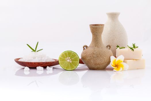 Spa treatment  sea salt and herbs natural spa Ingredients for scrub and skin care isolate on white background.