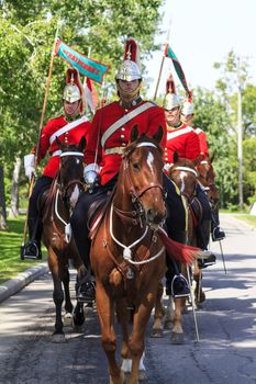 CALGARY CANADA - JUN 7 2015: The  Lord Strathcona's Horse  (Royal Canadians Mounted Regiment)  parades on Spruce Meadows Show Jumping at the 40th anniversary.