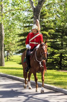 CALGARY CANADA - JUN 7 2015: The  Lord Strathcona's Horse  (Royal Canadians Mounted Regiment)  parades on Spruce Meadows Show Jumping at the 40th anniversary.