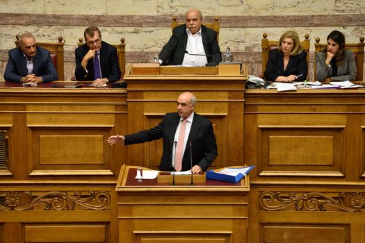 GREECE, Athens: Leader of New Democracy party Vangelis Meimarakis addresses the Greek parliament ahead of a confidence vote on the left-right coalition government under Prime Minister Alexis Tsipras in Athens on October 7, 2015. After three days of parliamentary discussions, the government won the vote of 155 of 299 lawmakers participating, and will now aim to pass several key reforms before the first review of Greece's bailout program takes place in November. 