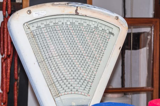 Detail, digits sheet an old scale for weighing fruit, vegetables and sausage.