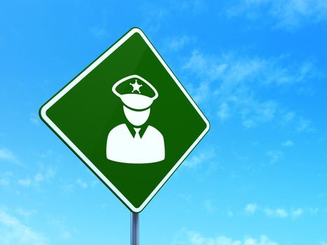Law concept: Police on green road (highway) sign, clear blue sky background, 3d render