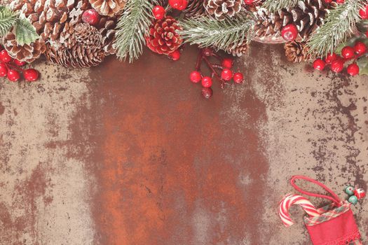 Holiday  background with Christmas decorations. Vintage style with blank space