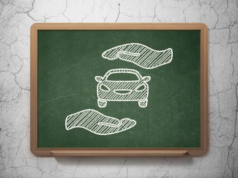 Insurance concept: Car And Palm icon on Green chalkboard on grunge wall background