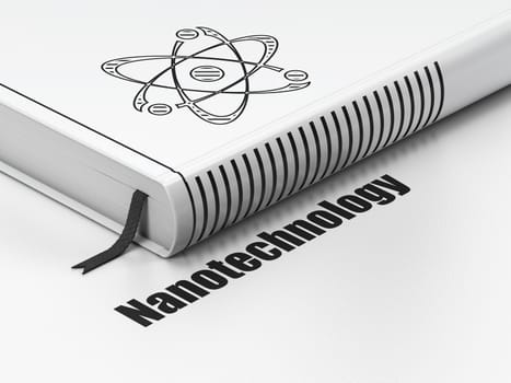 Science concept: closed book with Black Molecule icon and text Nanotechnology on floor, white background, 3d render