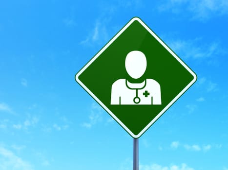 Healthcare concept: Doctor on green road (highway) sign, clear blue sky background, 3d render