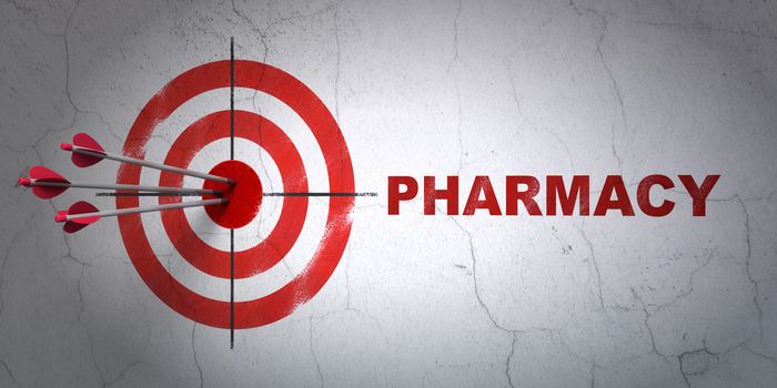 Success Healthcare concept: arrows hitting the center of target, Red Pharmacy on wall background