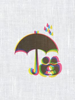 Protection concept: CMYK Family And Umbrella on linen fabric texture background