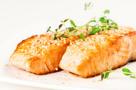 Grilled salmon, sesame seeds  and marjoram on white plate. Studio shot