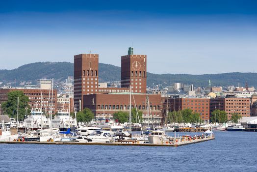 View of Oslo Radhuset (town hall) from the sea, Oslo, Norway