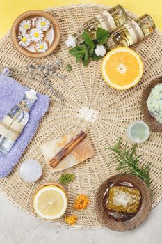 Spa still life of various organic skincare beauty products with ingredients